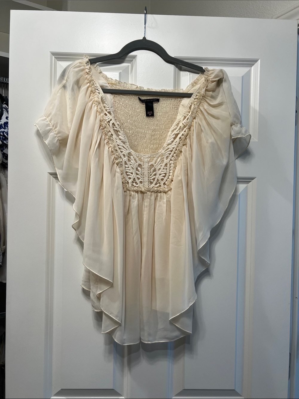 Victoria Secret Cream Crochet-Front Flutter Sleeve Blouse